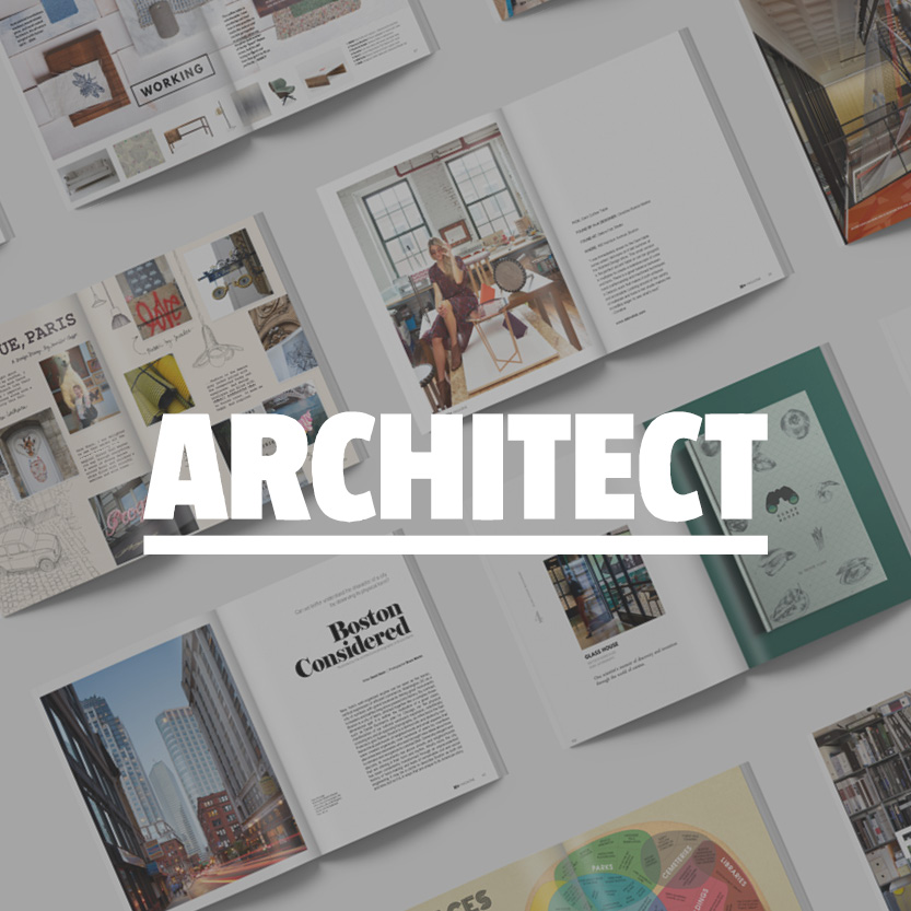 Architect logo with open magazines as background