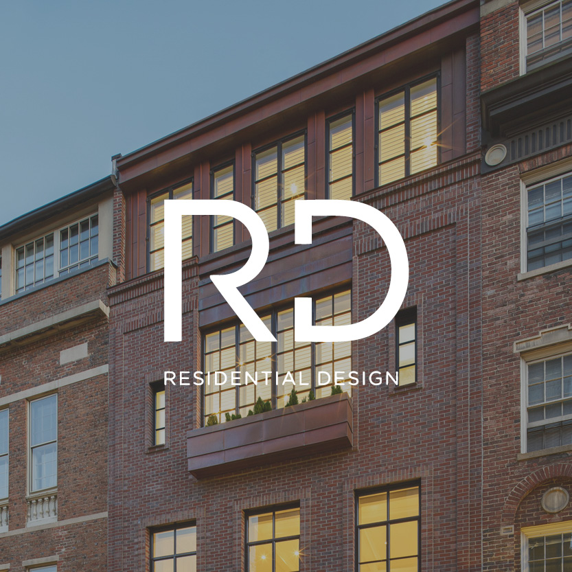 Residential Design logo with brick apartment building background
