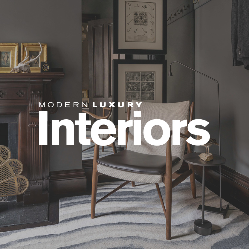 Modern Luxury Interiors logo with upscale living room background