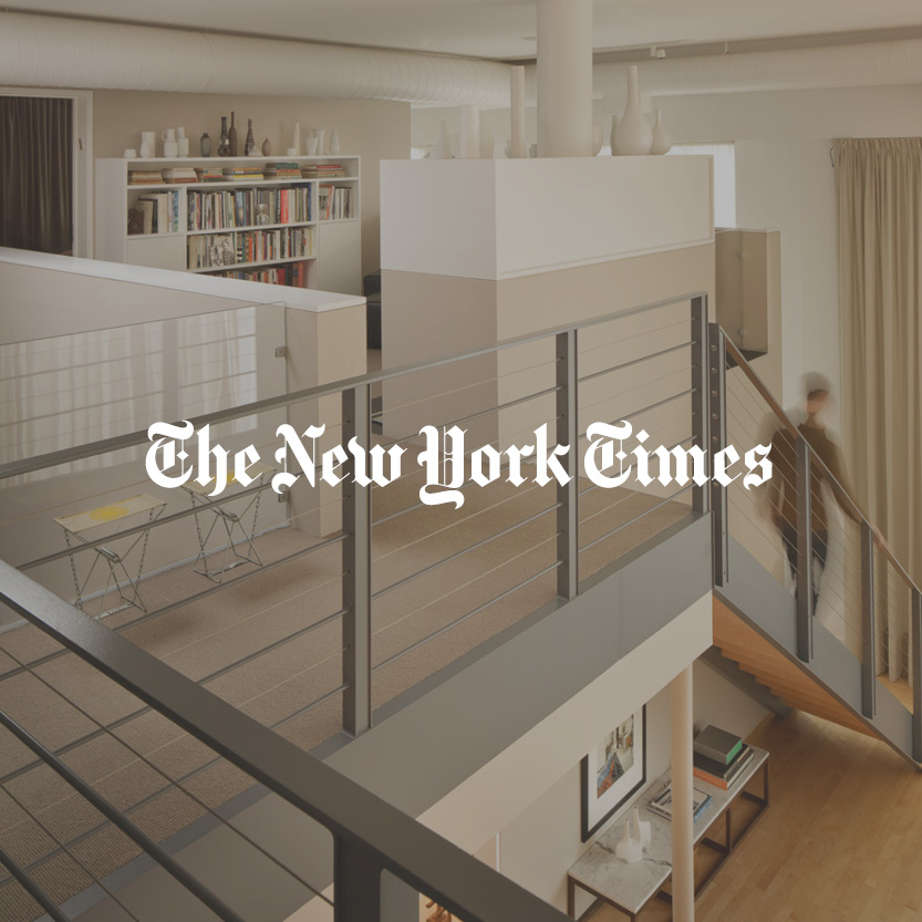 The New York Times logo with staircase background