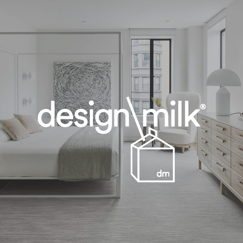 Design Milk logo with luxury bedroom background