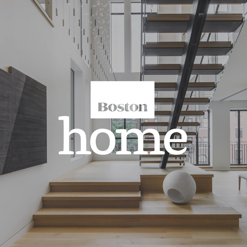 Boston Home logo with modern wood staircase background