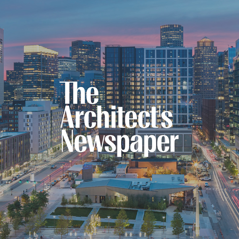 The Architect's Newspaper logo with cityscape background