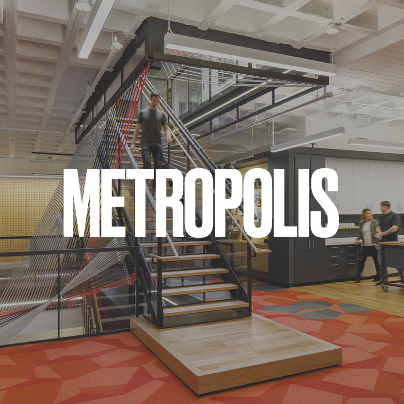 Metropolis logo with modern wood staircase background