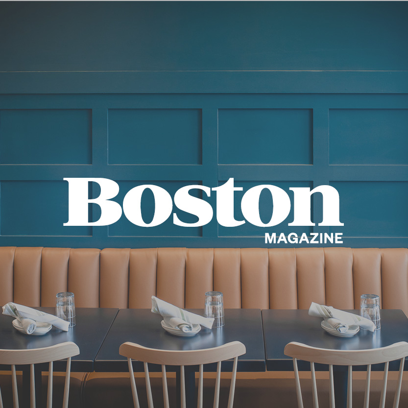 Boston Magazine logo with upscale dining room background
