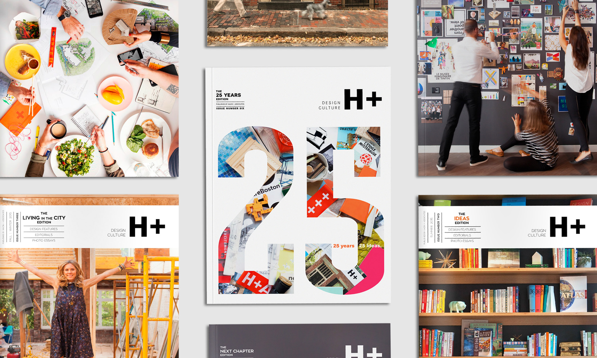 A flat-lay of Hacin + Associates magazines featuring design