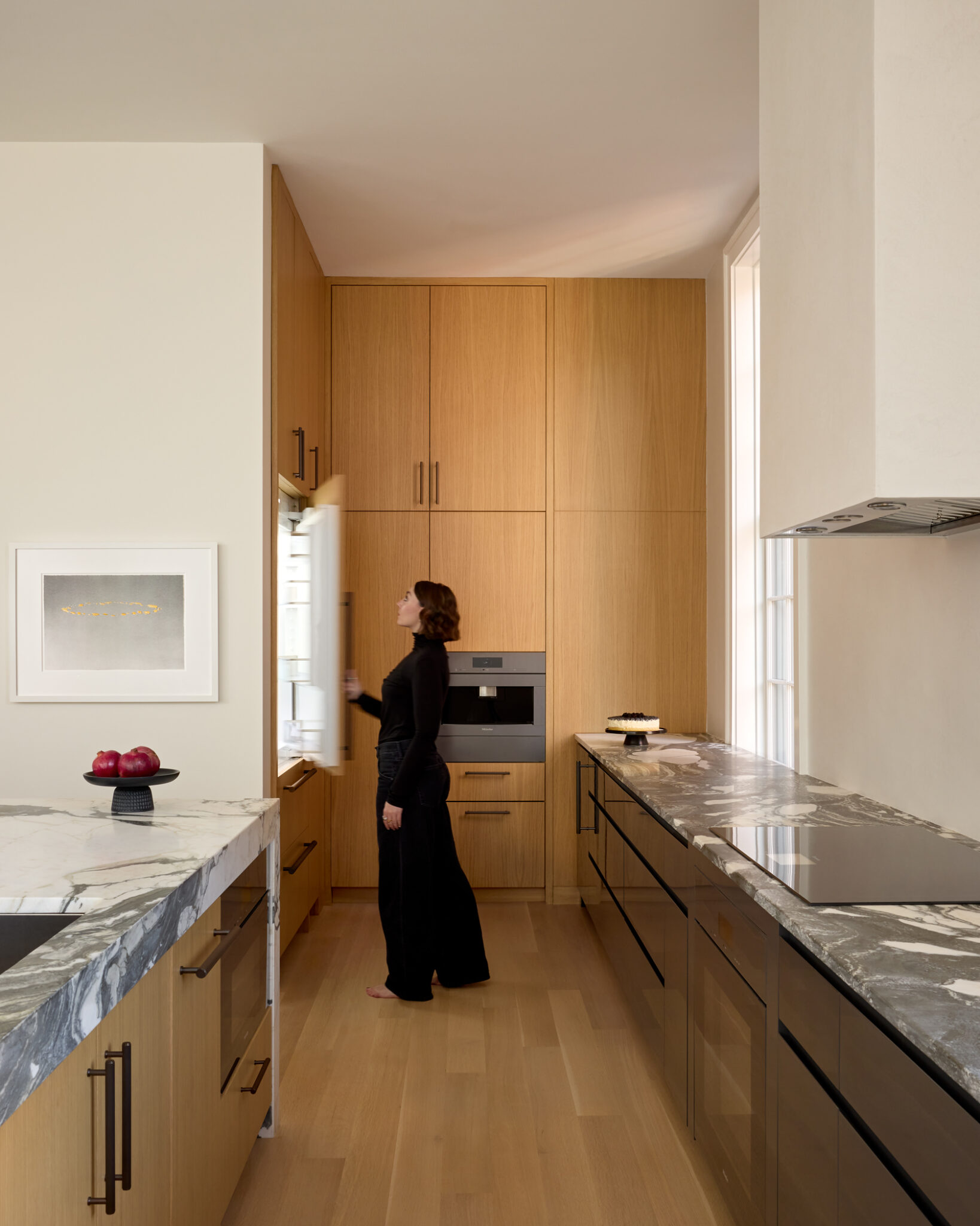 elevated minimalism kitchen corner with fridge open